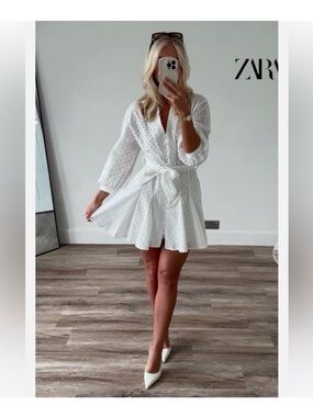 ZARA White Openwork Embroidery Mini Dress Belted Puff Sleeve Size Medium